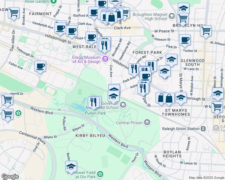 map of restaurants, bars, coffee shops, grocery stores, and more near 303 Park Avenue in Raleigh