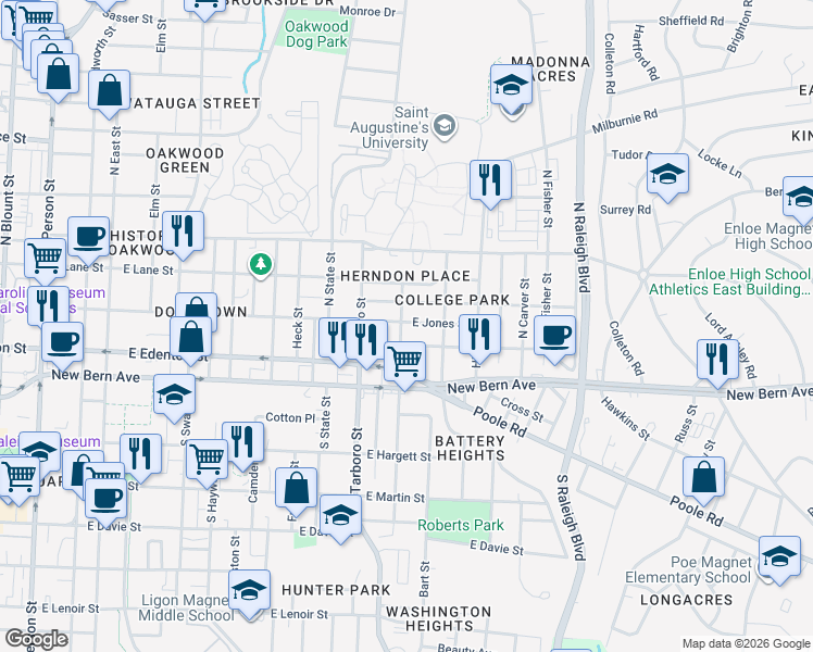 map of restaurants, bars, coffee shops, grocery stores, and more near 1114 Pender Street in Raleigh