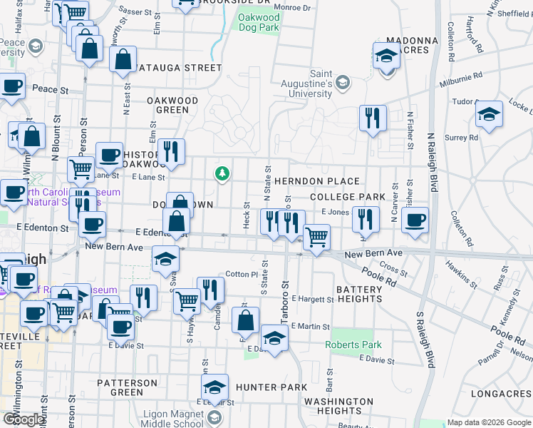 map of restaurants, bars, coffee shops, grocery stores, and more near 209 North State Street in Raleigh