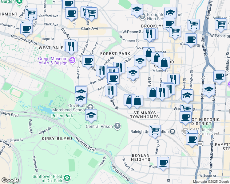 map of restaurants, bars, coffee shops, grocery stores, and more near 927 West Morgan Street in Raleigh