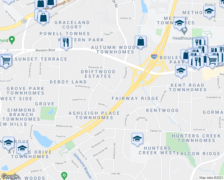 map of restaurants, bars, coffee shops, grocery stores, and more near 1126 Schaub Drive in Raleigh