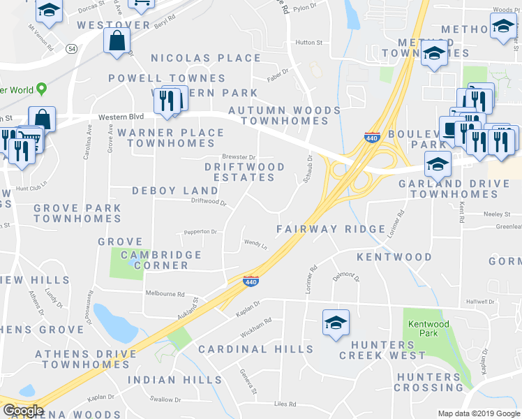 map of restaurants, bars, coffee shops, grocery stores, and more near 1212 Schaub Drive in Raleigh