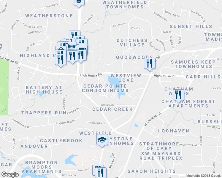 map of restaurants, bars, coffee shops, grocery stores, and more near 530 Springfork Drive in Cary
