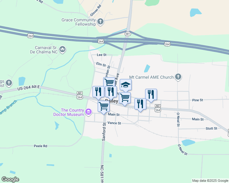 map of restaurants, bars, coffee shops, grocery stores, and more near 12331 Oak Avenue in Bailey