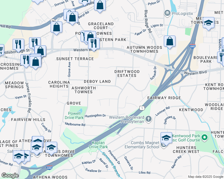 map of restaurants, bars, coffee shops, grocery stores, and more near 4307 Driftwood Drive in Raleigh