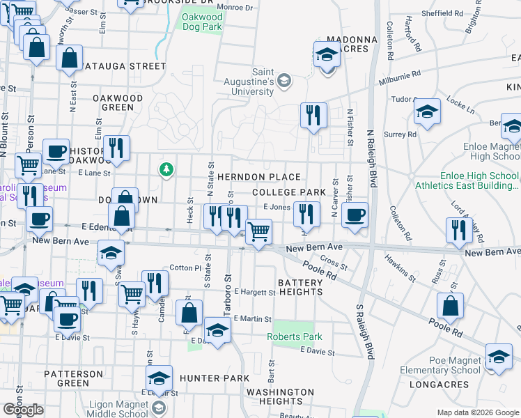 map of restaurants, bars, coffee shops, grocery stores, and more near 1114 Pender Street in Raleigh