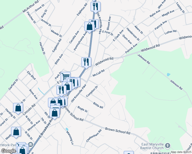 map of restaurants, bars, coffee shops, grocery stores, and more near 215 McCall Road in Maryville