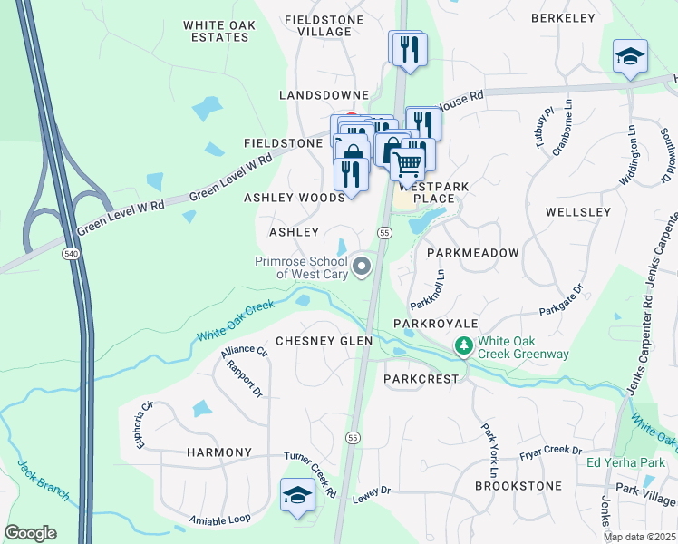 map of restaurants, bars, coffee shops, grocery stores, and more near 203 Caraway Lane in Cary