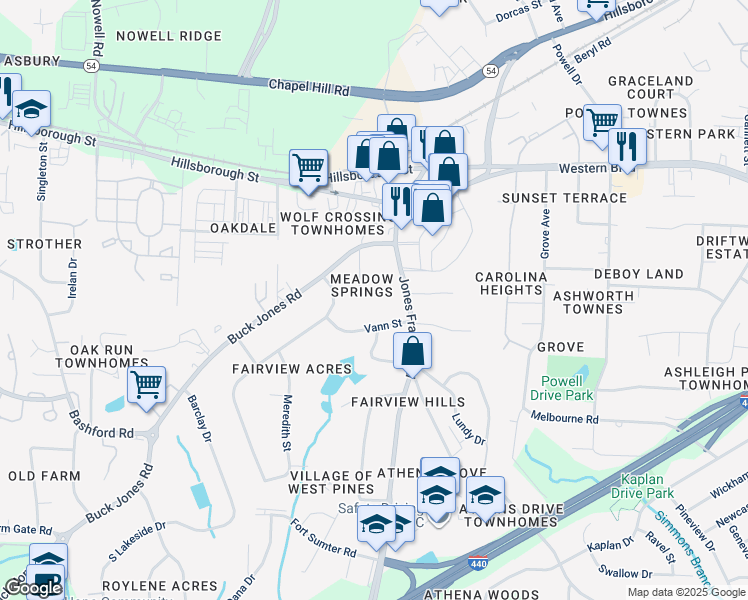 map of restaurants, bars, coffee shops, grocery stores, and more near 190 Fieldspring Lane in Raleigh