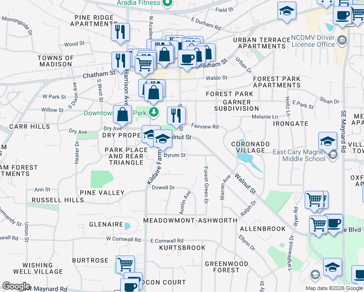 map of restaurants, bars, coffee shops, grocery stores, and more near 370 South Walker Street in Cary