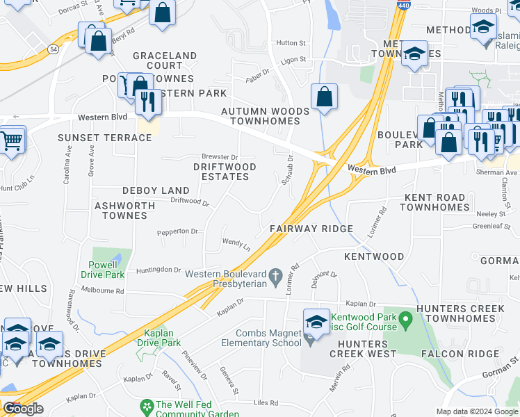 map of restaurants, bars, coffee shops, grocery stores, and more near 1200 Schaub Drive in Raleigh
