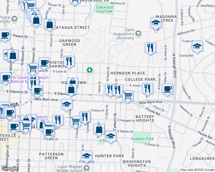 map of restaurants, bars, coffee shops, grocery stores, and more near 209 North State Street in Raleigh