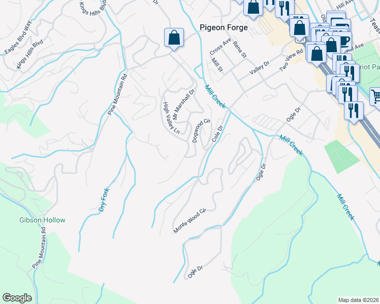 map of restaurants, bars, coffee shops, grocery stores, and more near 709 West Gold Dust Drive in Pigeon Forge