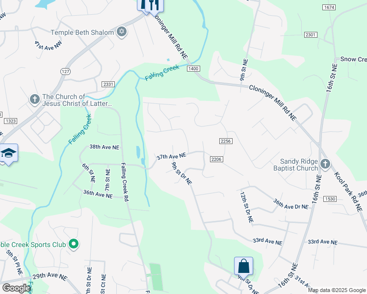 map of restaurants, bars, coffee shops, grocery stores, and more near 3715 10th Street Northeast in Hickory