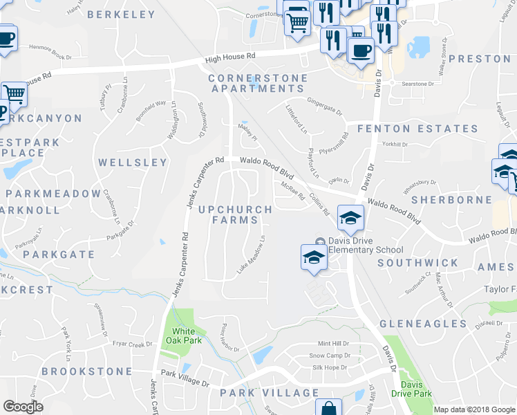 map of restaurants, bars, coffee shops, grocery stores, and more near 307 Luke Meadow Lane in Cary