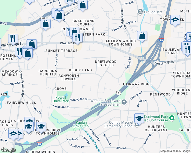 map of restaurants, bars, coffee shops, grocery stores, and more near 4305 Driftwood Drive in Raleigh