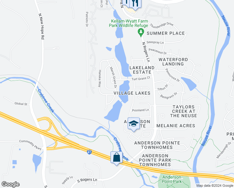 map of restaurants, bars, coffee shops, grocery stores, and more near 500 Marsh Grass Drive in Raleigh