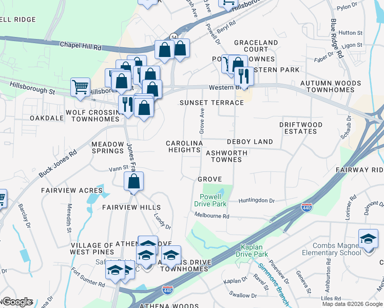 map of restaurants, bars, coffee shops, grocery stores, and more near 719 Carolina Avenue in Raleigh