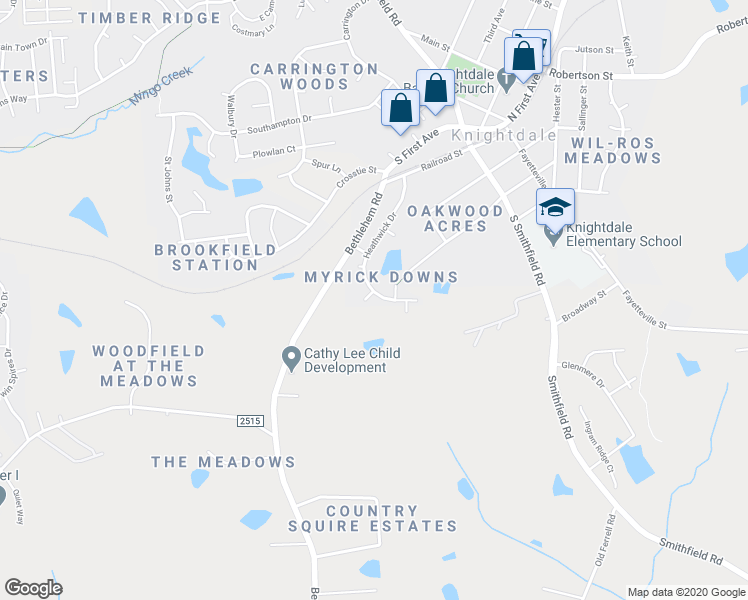 map of restaurants, bars, coffee shops, grocery stores, and more near 107 Iron Kettle Court in Knightdale