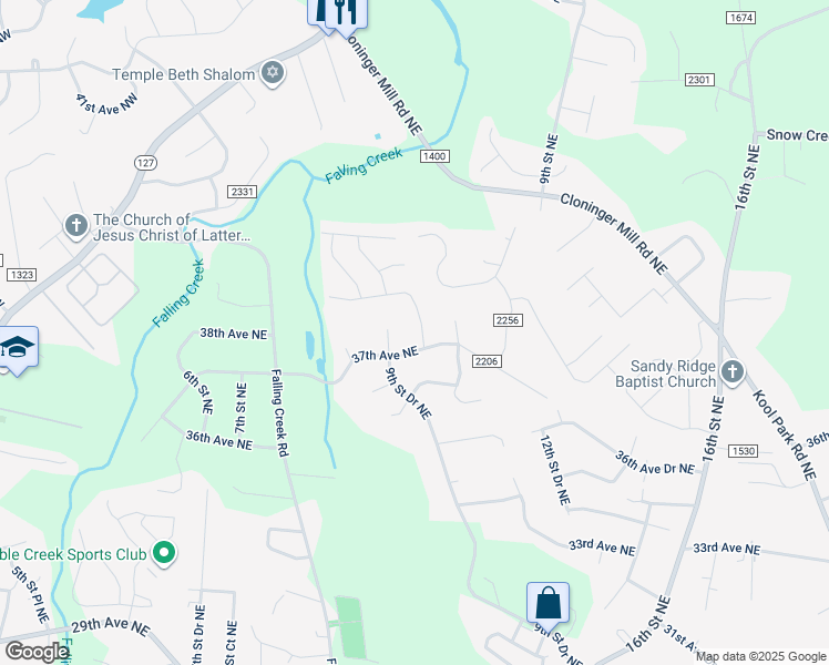 map of restaurants, bars, coffee shops, grocery stores, and more near 3715 10th Street Northeast in Hickory