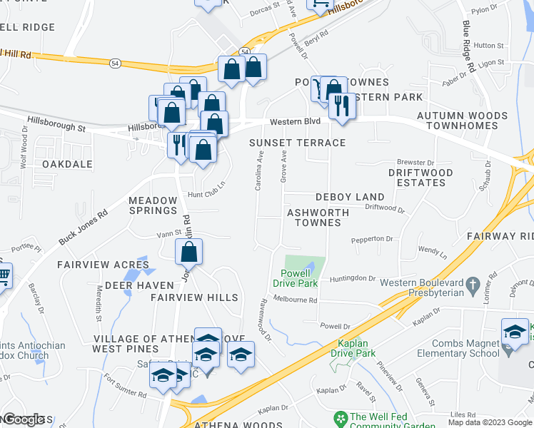 map of restaurants, bars, coffee shops, grocery stores, and more near 719 Carolina Avenue in Raleigh
