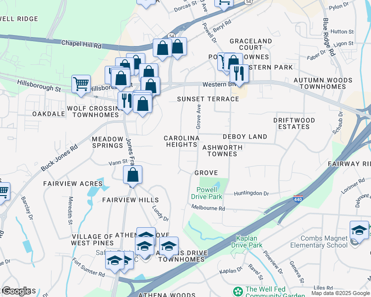 map of restaurants, bars, coffee shops, grocery stores, and more near 2124 Scarlet Maple Drive in Raleigh