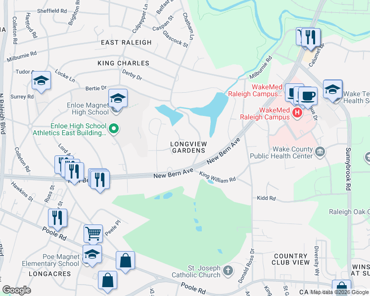 map of restaurants, bars, coffee shops, grocery stores, and more near 115 Longview Lake Drive in Raleigh