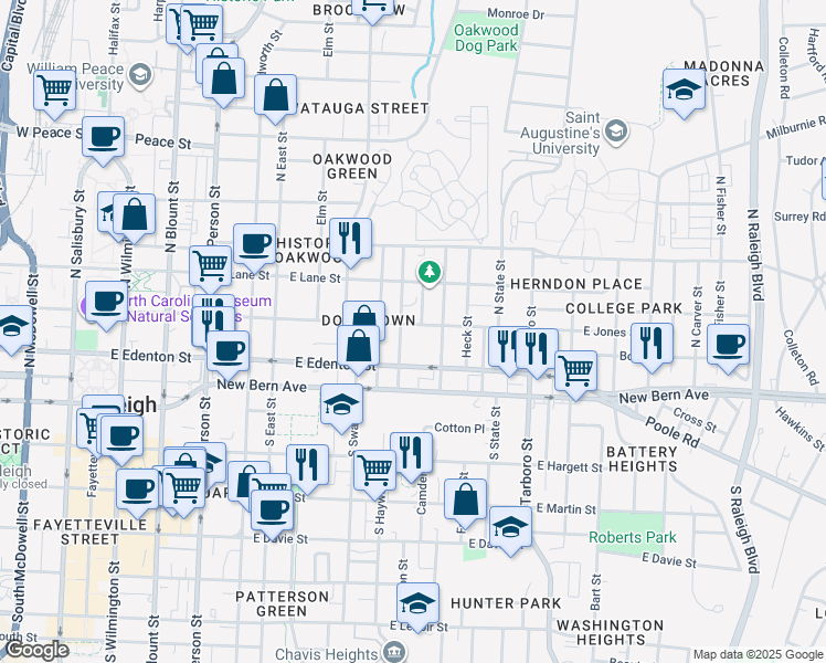 map of restaurants, bars, coffee shops, grocery stores, and more near 220 Seawell Avenue in Raleigh