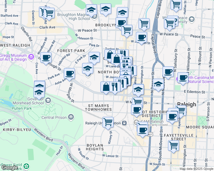 map of restaurants, bars, coffee shops, grocery stores, and more near 115 North Boylan Avenue in Raleigh
