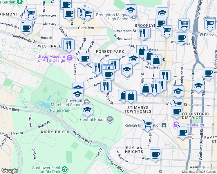 map of restaurants, bars, coffee shops, grocery stores, and more near 927 West Morgan Street in Raleigh