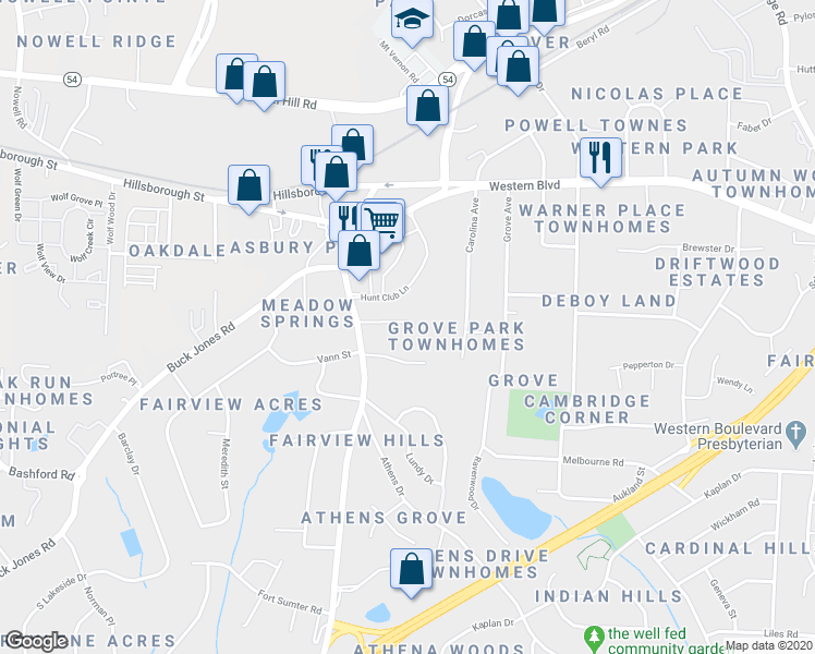map of restaurants, bars, coffee shops, grocery stores, and more near 4816 Blue Bird Court in Raleigh