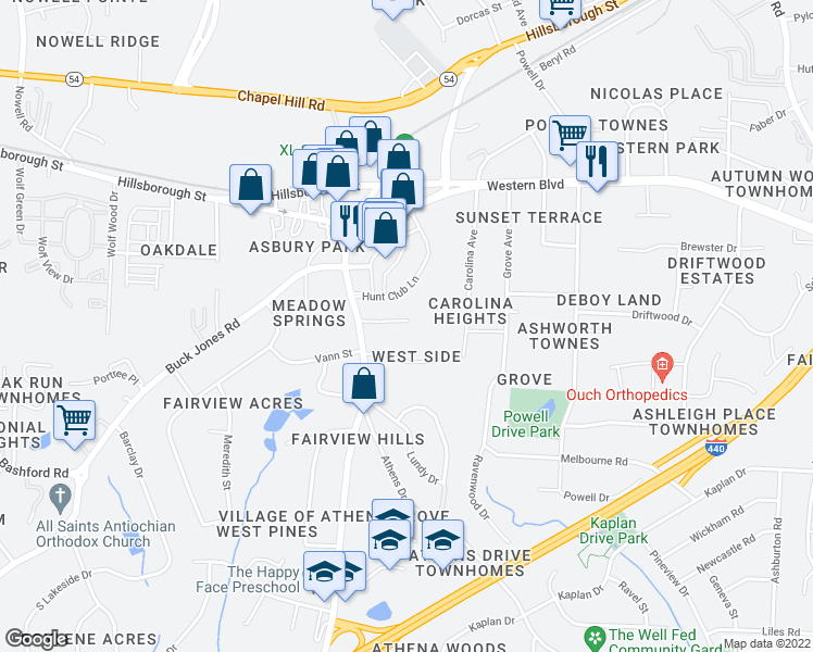 map of restaurants, bars, coffee shops, grocery stores, and more near 4816 Blue Bird Court in Raleigh