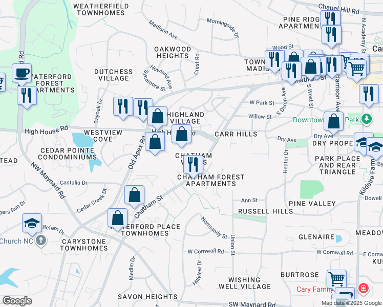 map of restaurants, bars, coffee shops, grocery stores, and more near 814 West Chatham Street in Cary