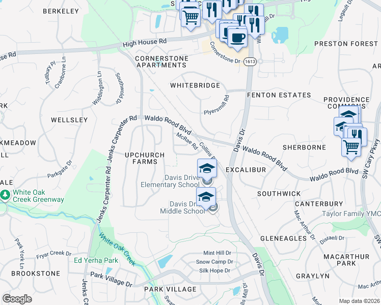 map of restaurants, bars, coffee shops, grocery stores, and more near 744 McRae Road in Cary