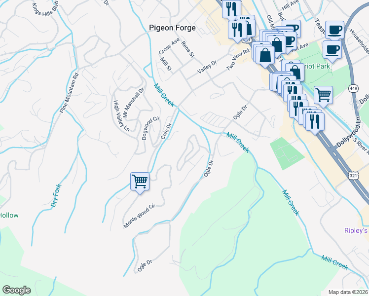 map of restaurants, bars, coffee shops, grocery stores, and more near 3439 Brook Stone Way in Pigeon Forge