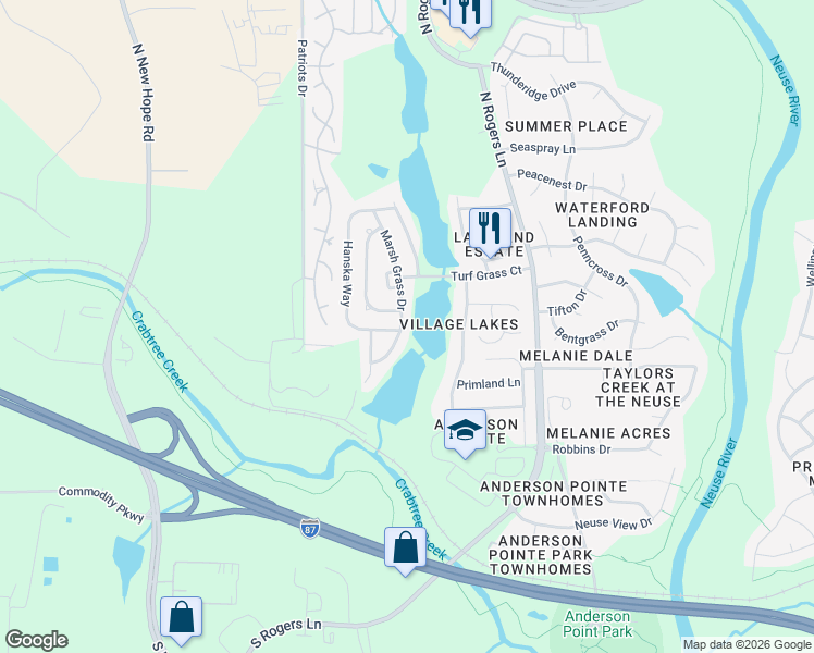 map of restaurants, bars, coffee shops, grocery stores, and more near 512 Marsh Grass Drive in Raleigh
