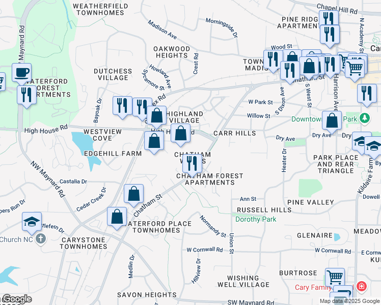 map of restaurants, bars, coffee shops, grocery stores, and more near 118 Chatham Woods Drive in Cary