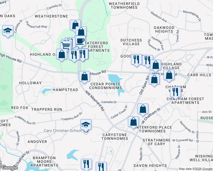map of restaurants, bars, coffee shops, grocery stores, and more near 530 Springfork Drive in Cary