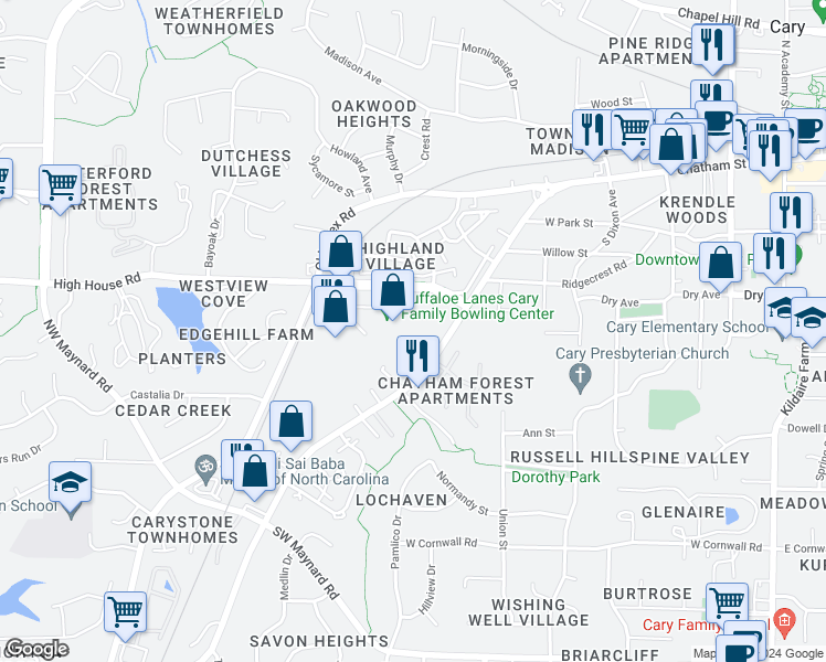 map of restaurants, bars, coffee shops, grocery stores, and more near 122 Chatham Woods Drive in Cary