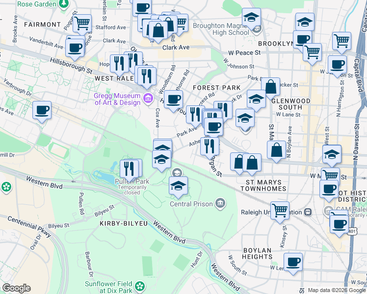 map of restaurants, bars, coffee shops, grocery stores, and more near 1301 Flint Place in Raleigh