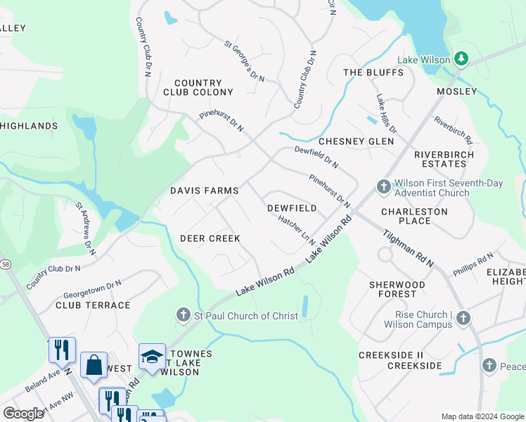 map of restaurants, bars, coffee shops, grocery stores, and more near 4517 Hatcher Lane North in Wilson