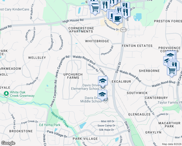 map of restaurants, bars, coffee shops, grocery stores, and more near 203 Firth Glen Drive in Cary