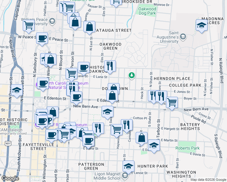 map of restaurants, bars, coffee shops, grocery stores, and more near in Raleigh
