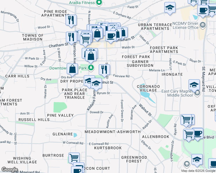 map of restaurants, bars, coffee shops, grocery stores, and more near 370 South Walker Street in Cary