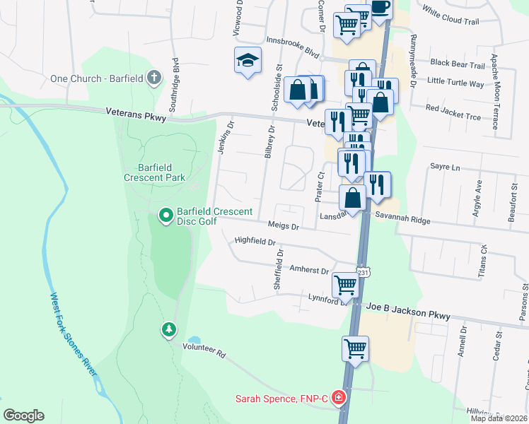 map of restaurants, bars, coffee shops, grocery stores, and more near 3235 Bilbrey Drive in Murfreesboro