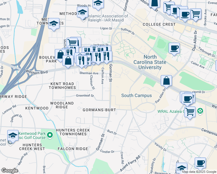 map of restaurants, bars, coffee shops, grocery stores, and more near 1136 Gorman Street in Raleigh