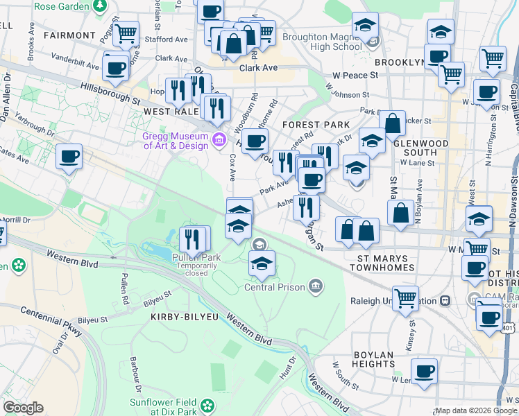 map of restaurants, bars, coffee shops, grocery stores, and more near 1306 Flint Place in Raleigh