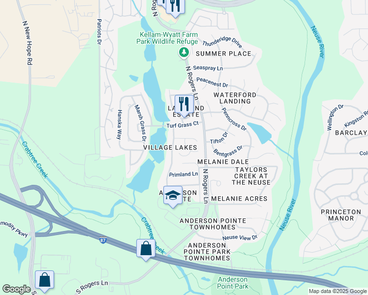 map of restaurants, bars, coffee shops, grocery stores, and more near 5408 Pennfine Drive in Raleigh