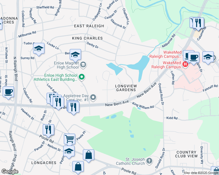 map of restaurants, bars, coffee shops, grocery stores, and more near 2305 Calvert Drive in Raleigh