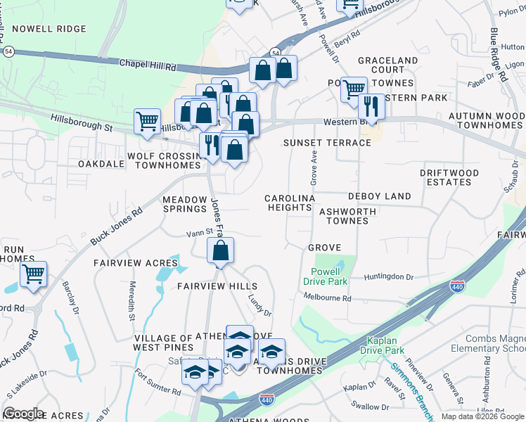 map of restaurants, bars, coffee shops, grocery stores, and more near 4704 Blue Bird Court in Raleigh